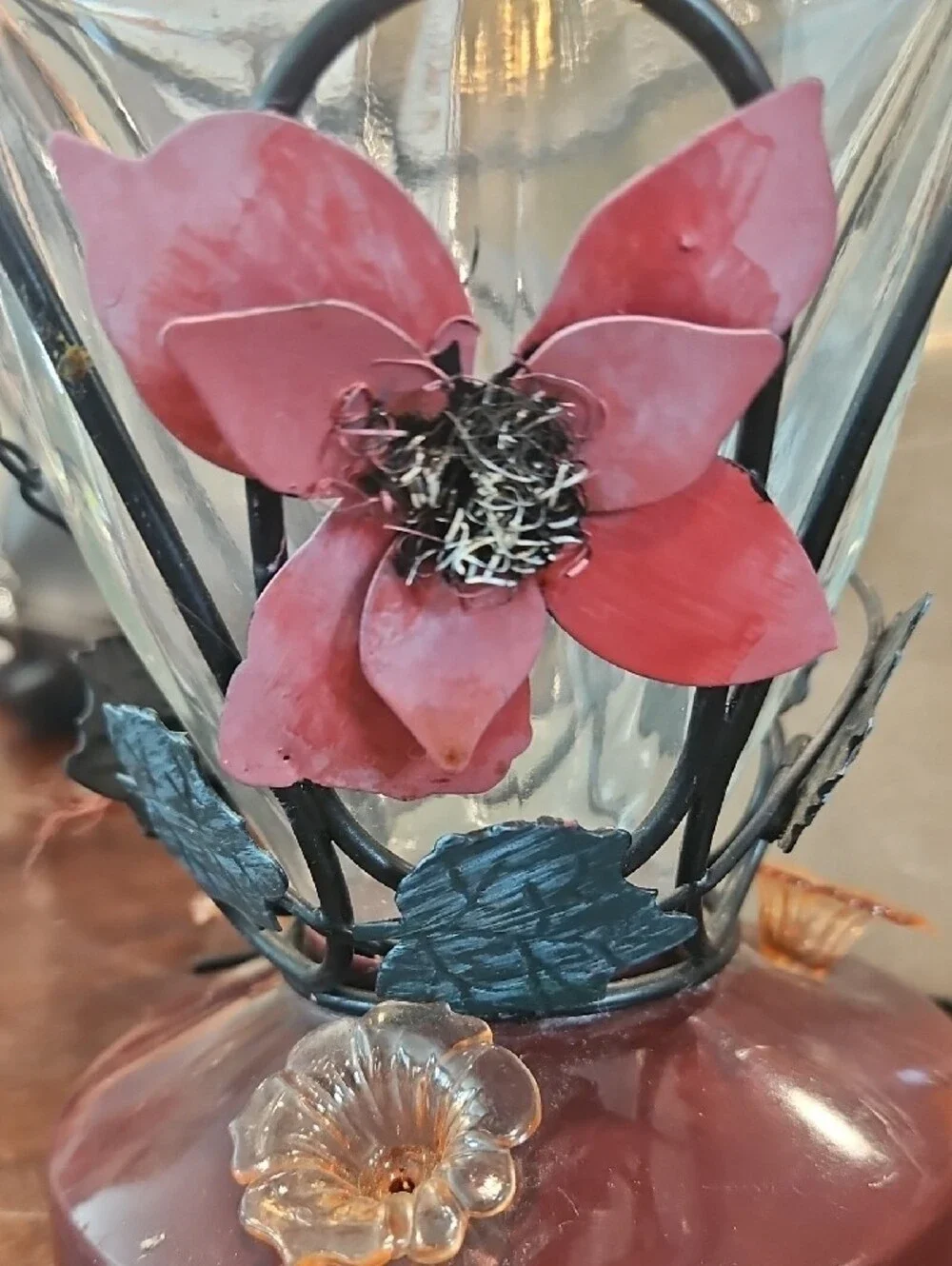 Decorative Pink Floral Glass Hummingbird Feeder - Home Accents